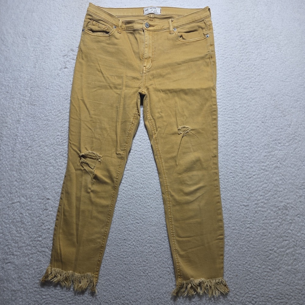 Free People Jeans Size 32x27 Frayed‎ Distressed Cropped Skinny Yellow Stretchy